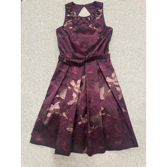 Eliza J Dresses & Skirts - Eliza J Plum Purple Floral Jacquard Beaded Neck Fit and Flare Dress Size 2